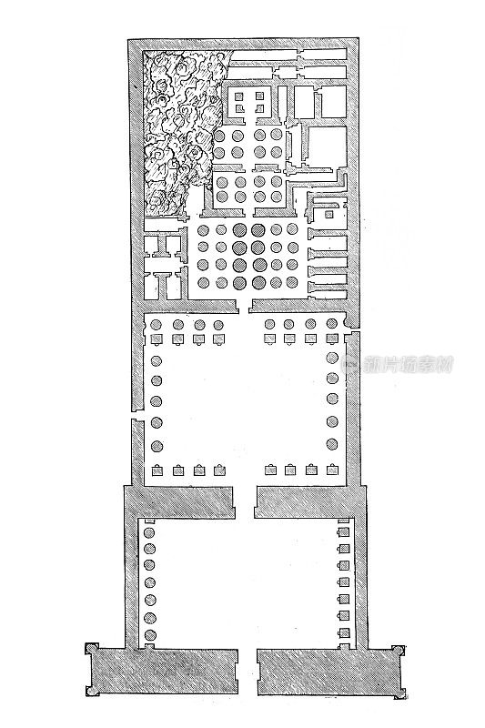 位于尼罗河西岸，卢克索对面的哈布Medinet Habu的拉美西斯三世神庙的平面图。